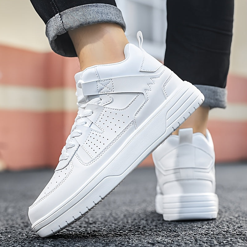 Men's High-Top Lace-Up Sneakers - Durable, Lightweight, Fashionable Casual Sports Shoes, White, PU Upper, MD Sole, EVA/Fabric Insole, Round Toe, Ideal for Hiking, Running & Leisure, Cross Sports Shoes | Lace-Up Closure | Stylish Stitchin