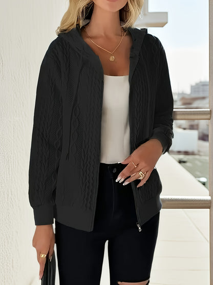 Women'S Casual Solid Zip-Up Hoodie - Fashionable Fall/Winter Long-Sleeve Outerwear, White Bomber Design, Textured Details, Casual Hoodie | Fashionable Zip-Up | Textured Detail Jacket