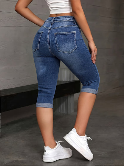 High Waist Ripped Capri Jeans for Women Stretch Versatile Biker Shorts