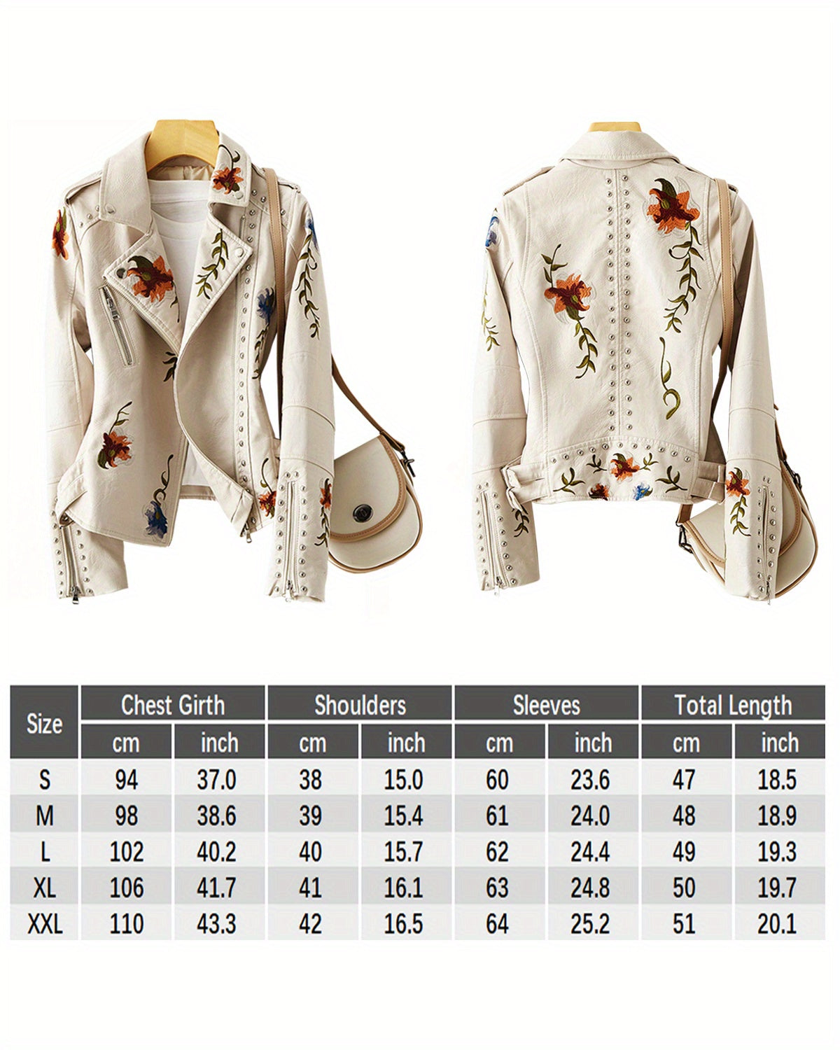 Women Floral Embroidered Moto PU Jacket Coat