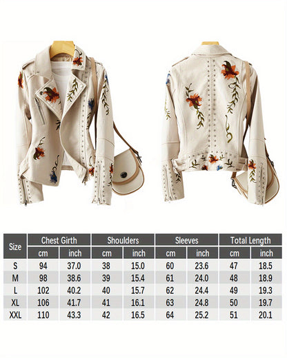 Women Floral Embroidered Moto PU Jacket Coat