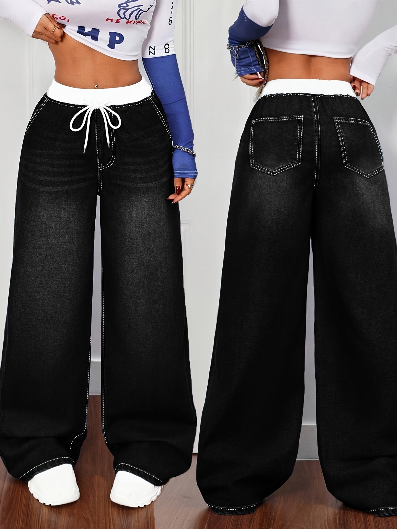 Women's Plus Size Blue Denim Pants - Whisker Details, Panel, Elastic Waist with Drawstring, Wide-Leg | High-Waisted, Slim-Fitting & Figure-Flattering | Retro Street & Casual Sporty Style | Versatile for All Seasons