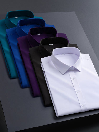 5pcs Men's Stretch Long Sleeve Dress Shirts - Solid Color Business Casual & Formal Shirts, Wrinkle-Resistant & Easy-Care, Regular Fit for Office, Wedding