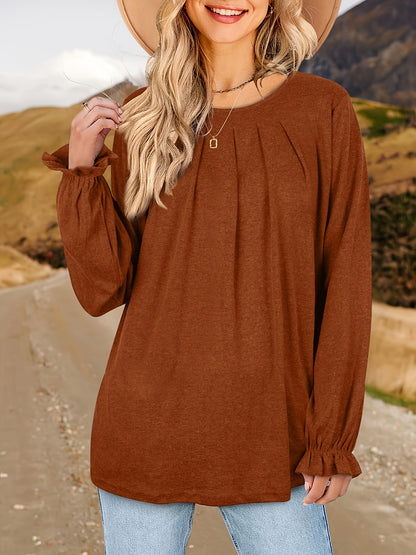 Womens Tops Dressy Casual Pleated Ruffle Long Sleeve Shirts Loose Fitting Blouses Tunic Tops