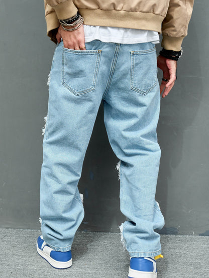 Cross Border New Men's Denim Wide Leg Pants with Smooth Whiskers And Pleats, Loose And Casual, Versatile, Solid Color Wide Leg Men's Long Pants Trend