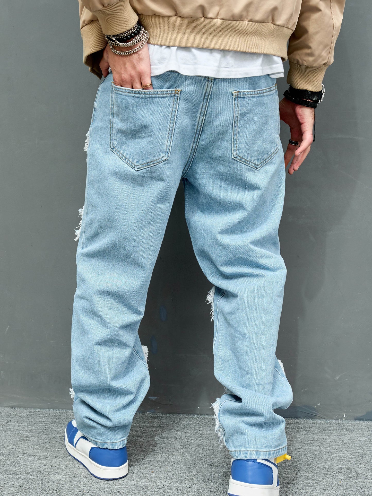 Cross Border New Men's Denim Wide Leg Pants with Smooth Whiskers And Pleats, Loose And Casual, Versatile, Solid Color Wide Leg Men's Long Pants Trend