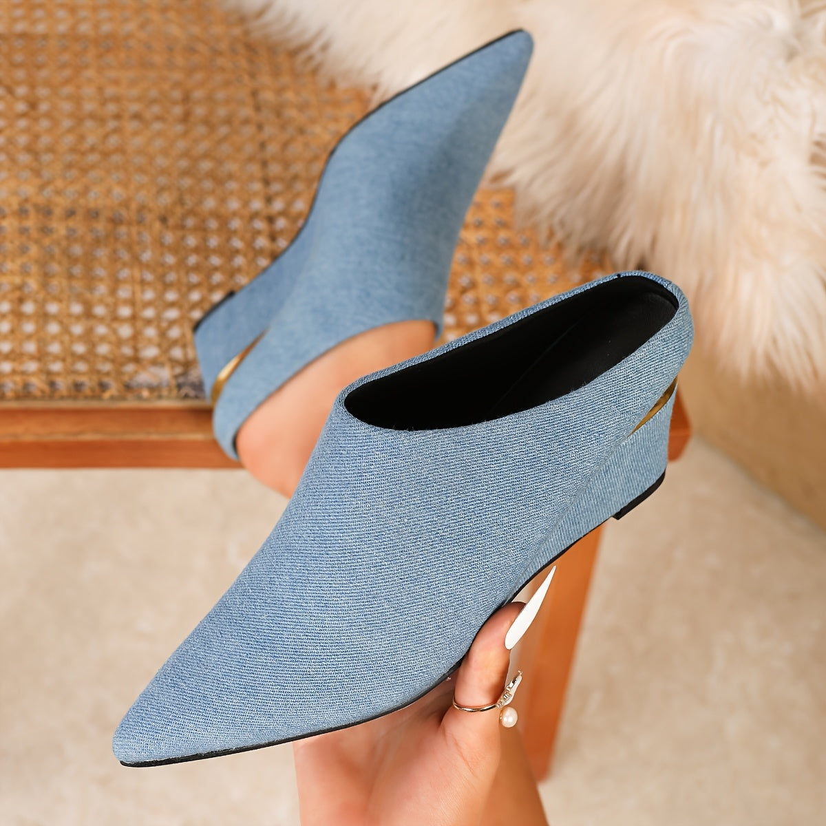 Women's Textured Fabric Pointed-toe Heels, One-foot Studded Mules, Comfortable Sandals, Thick Heels, Multi-color Simple And Portable, Casual Commuting Portable, Daily Wearable Women's Shoes, Women Shoes