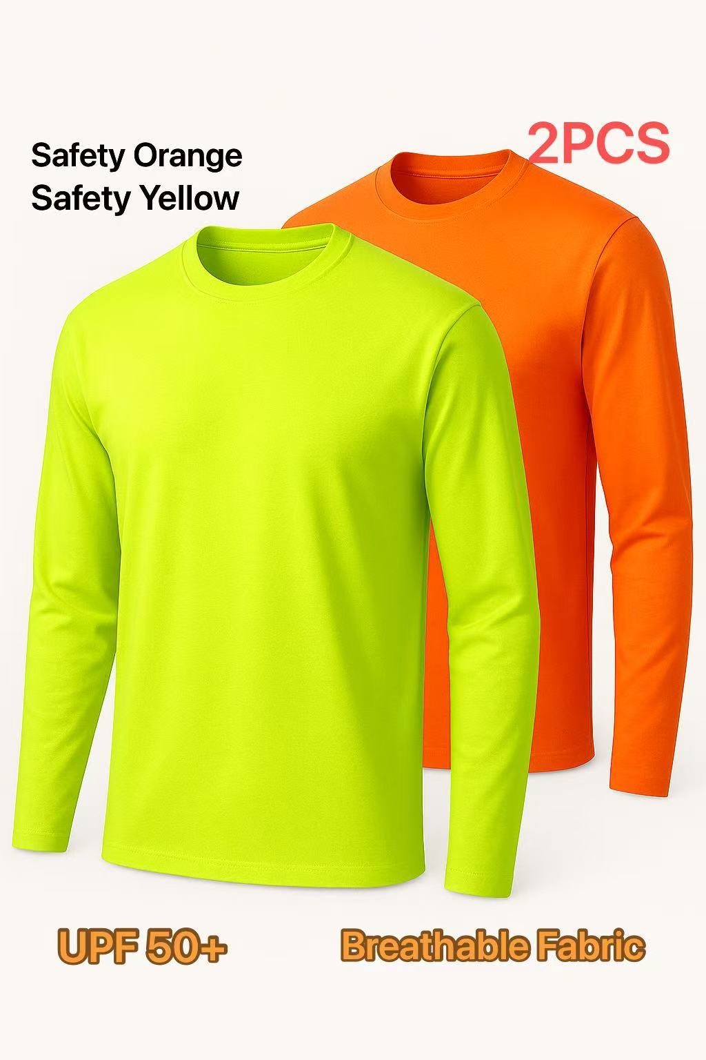 2-Pack High Visibility Long Sleeve Shirts, UPF50+ Quick Dry Breathable Safety Workwear Tops for Outdoor / Fishing / Sports