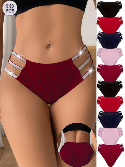 10 PCS Hot-item Ladies Hollowed-out Shiny Belt Briefs, Comfortable Breathable Soft Elegant Fashion Sexy Panties, Romantic Dating Daily Wear, Ladies Sexy Lingerie And Pantie