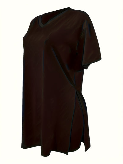 Two-Piece Outfit for Plus-Size Women Featuring a Casual V-Neck Short-Sleeve Top with Side Slits And Drawstring Leggings, Made from Comfortable, Ideal for Everyday Wear