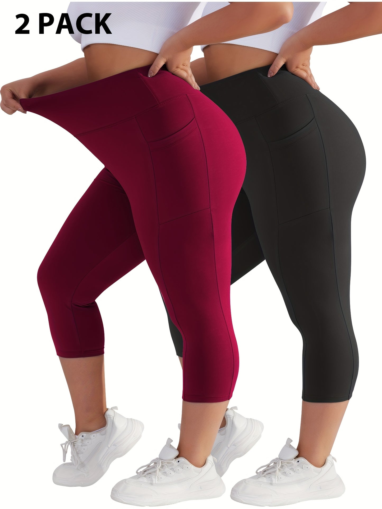 Plus Size - 2pcs Set - Plus Size High-Waisted Pocket Capri Pants - Soft Suitable for And Workouts - Elegant Style - New Spring And Summer Collection - Targeted Design