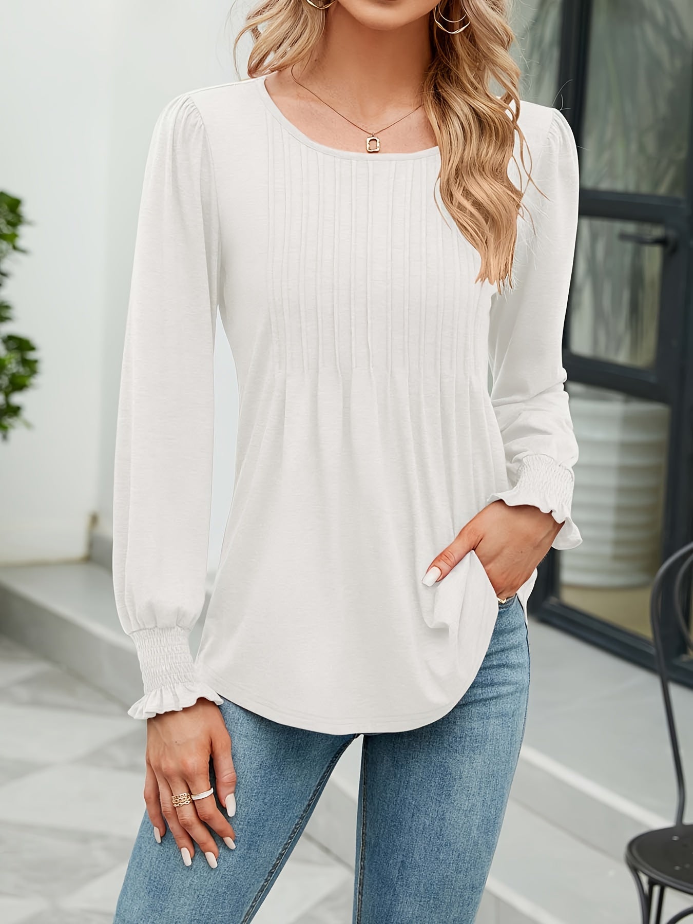 Women'S Autumn Puff Long Sleeve Tunic Tops Pleated Crew Neck Shirts Blouses Casual Loose T-Shirts