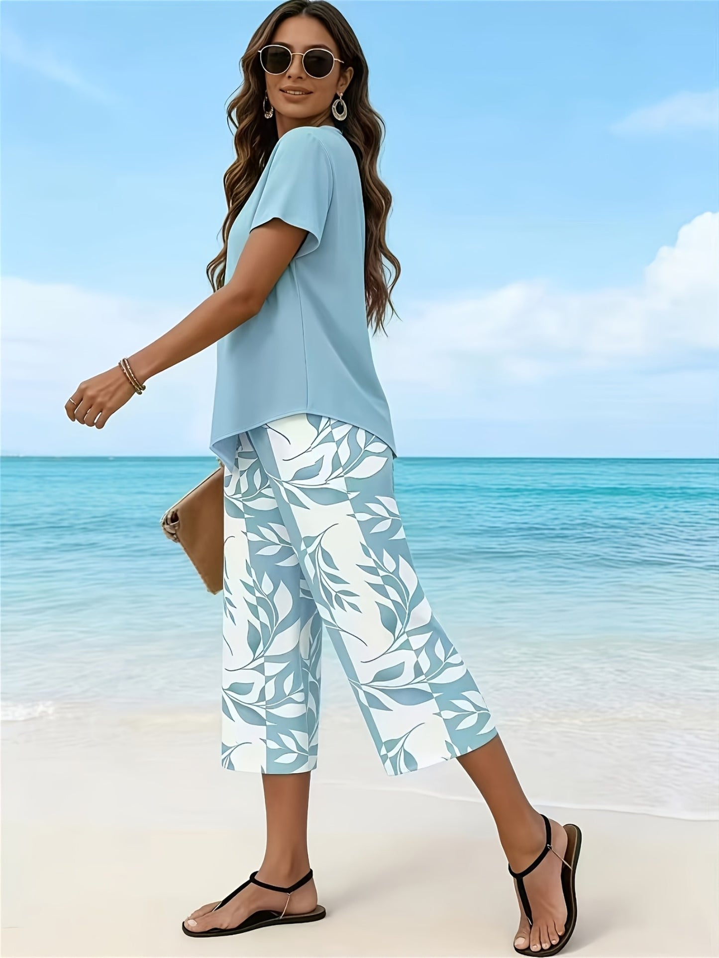 Women'S Spring/Summer Casual Two-Piece Set: Short Sleeve Round Neck Top with 7/8 Wide-Leg Pants, Loose Comfortable, Versatile for Daily Outings, Home, And Commuting
