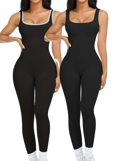 2pcs - Women'S Autumn And Winter Sleeveless Square Collar Long Jumpsuit, 90% Nylon And 10% Elastic Fiber Fabric Comfortable, Thick, Impermeable Washable And Reusable, Suitable For Any Activity Occasion, Exercise, Fitness, Pilates, Running, Yoga