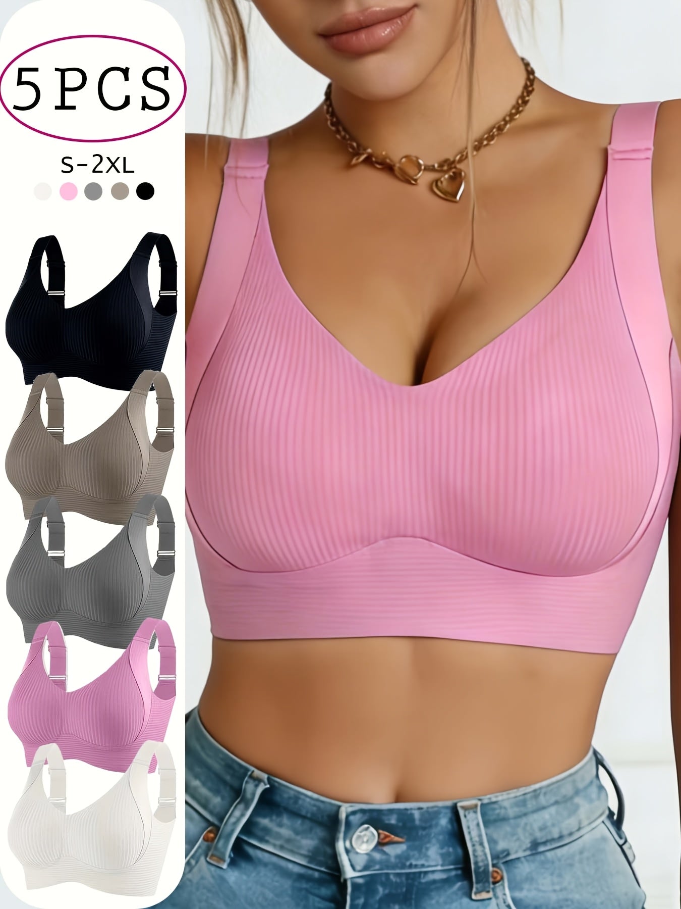 5pcs Ribbed Wireless Bra - High Elastic, Breathable & Strong Support | Comfortable No-Squeeze for Daily Wear, Yoga & Gym Workouts