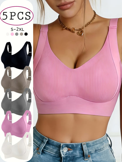 5pcs Ribbed Wireless Bra - High Elastic, Breathable & Strong Support | Comfortable No-Squeeze for Daily Wear, Yoga & Gym Workouts