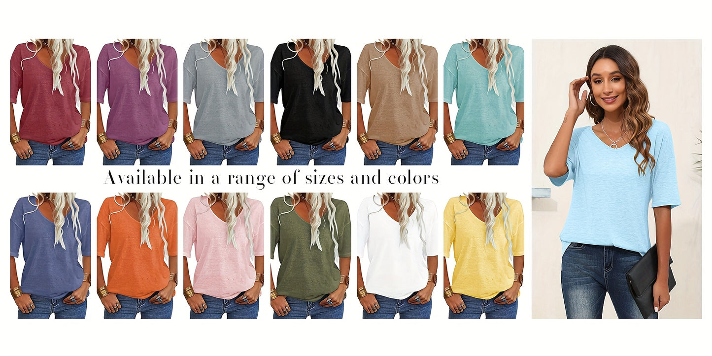 Casual Loose-Fitting Basic Tunics for Women, Featuring a V-Neck And Half Sleeves, Perfect for Summer