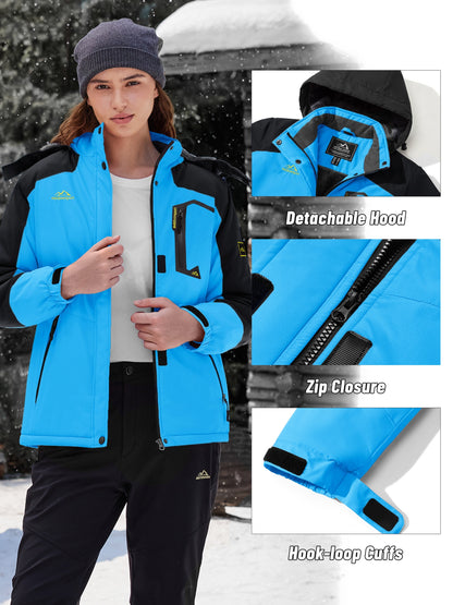 Winter Jacket for Women - Women's Ski Snowboard Jacket Thermal Fleece High Quality Insulated Snow Jacket Casual Work Jacket Outdoor Sports Coat Windbreaker Parka 4 Pockets Camping Snow Jacket Windproof Hood Warm Winter Hiking Fleece Lined Jacket