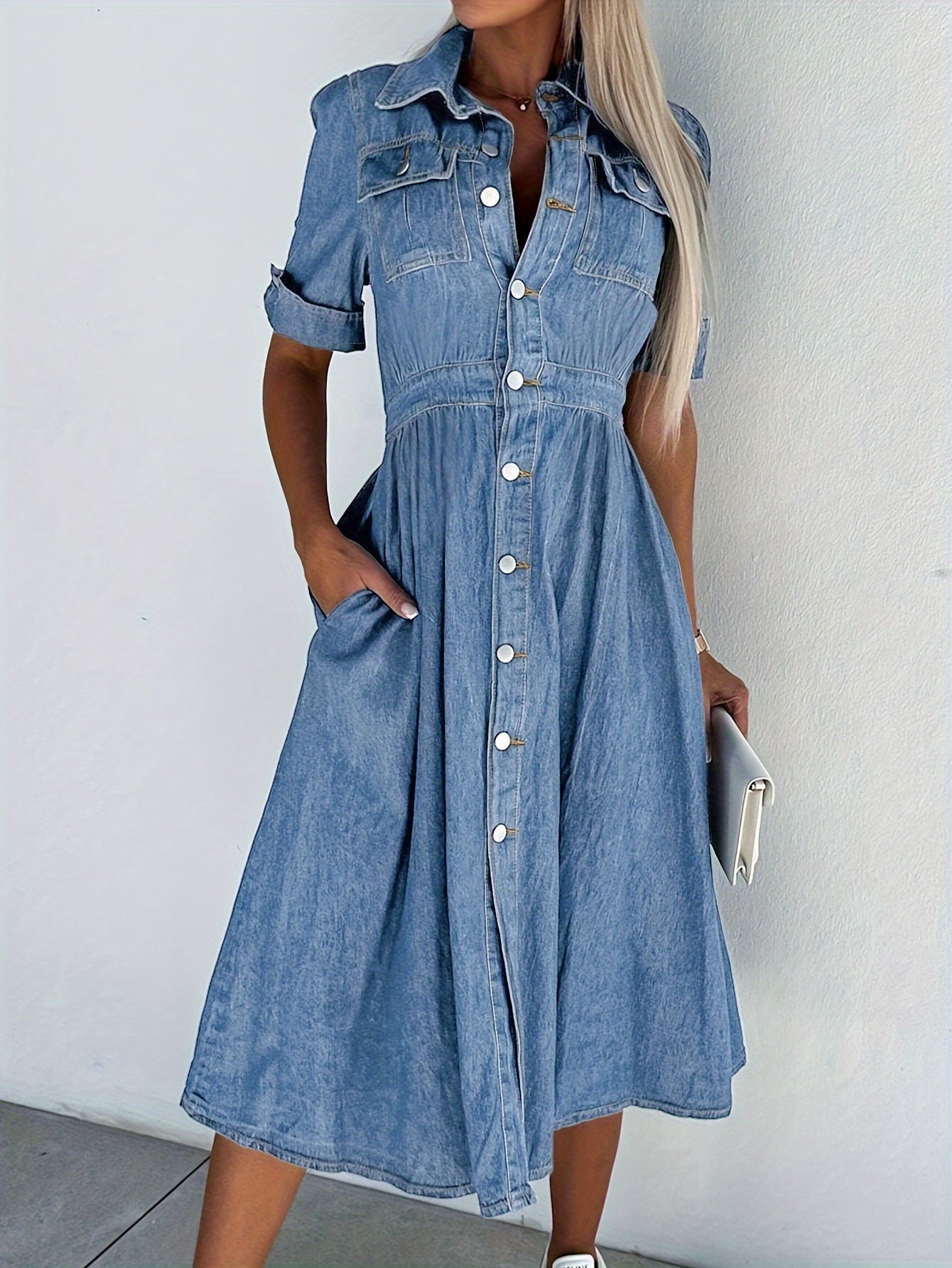 Cross Border Denim Skirt, Women'S Waist Trimming, Large Skirt Hem, Dress with Button Up V-Neck, Fashionable And Temperament, Women'S Skirt