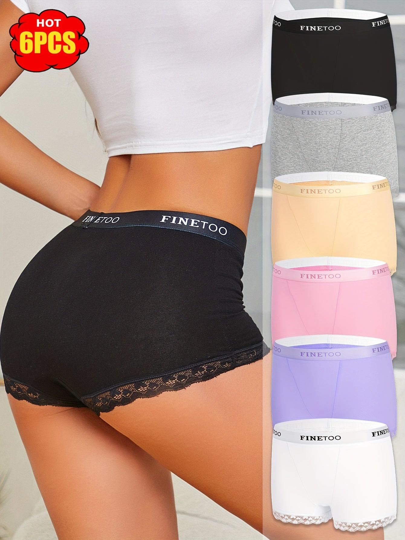 6pcs Set of Letter Waistband Lace Lace Four Corner Pants, Fashionable, Elegant, Breathable And Elastic Underwear, Suitable for Daily Commuting, Women'S Underwear And Underwear