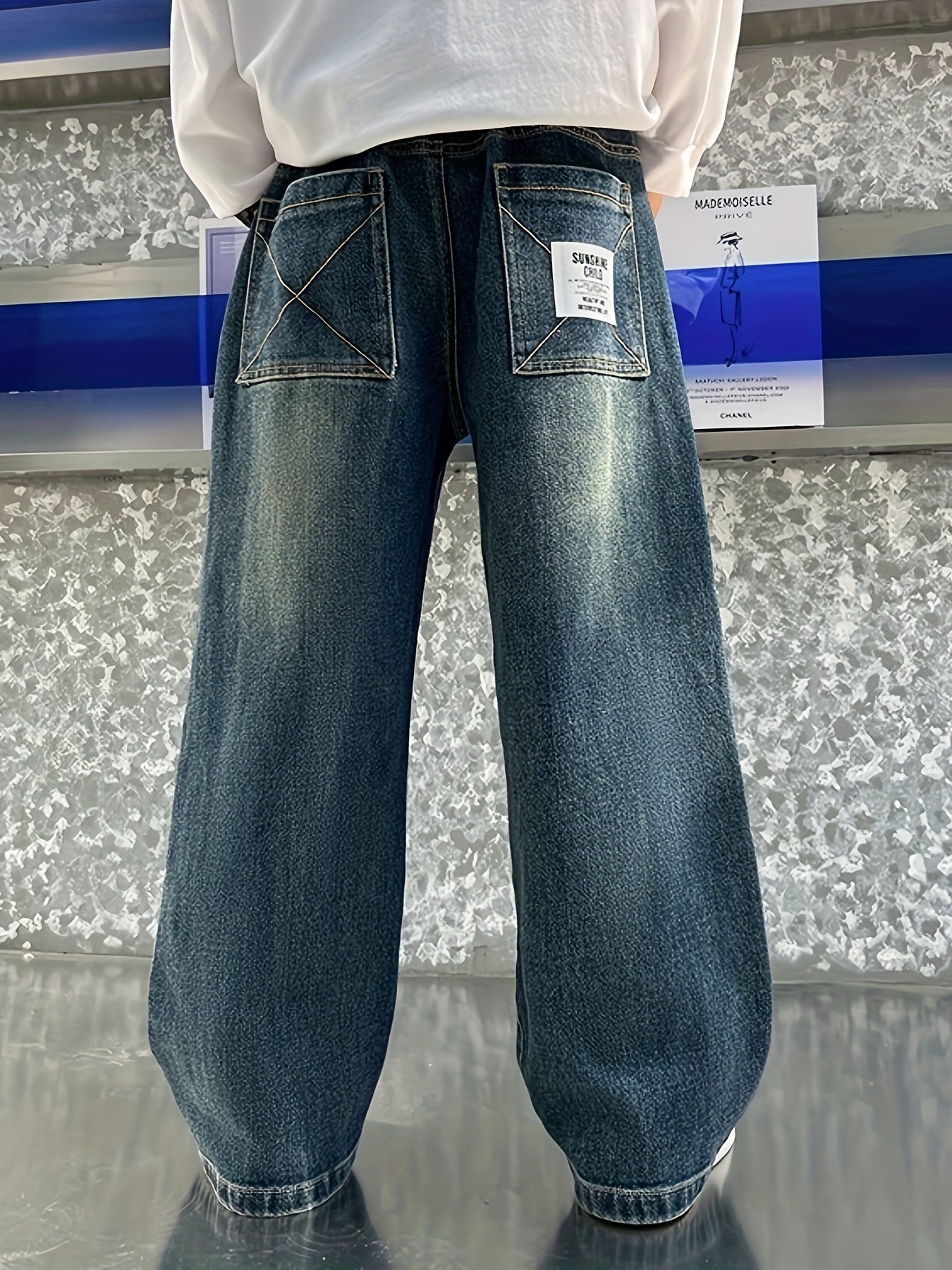 Boys' Vintage Distressed Denim Wide-Leg Pants with Frayed Hem & Functional Pockets - Loose Fit Machine-Washable Spring/Fall Casual Trousers for Kids, Spring Fall Clothing | Retro Children's Fashion | Comfortable Fabric