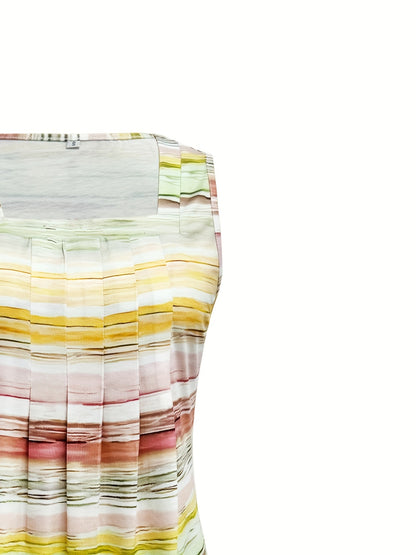 Women's Sleeveless Square Neck Tank Top - Yellow-Green-Pink Gradient Stripe Print Blouse-Compatible Shirt | Machine Washable Opaque Shirt Suitable for Daily Outfits,, Office & Layering, - Casual Wear