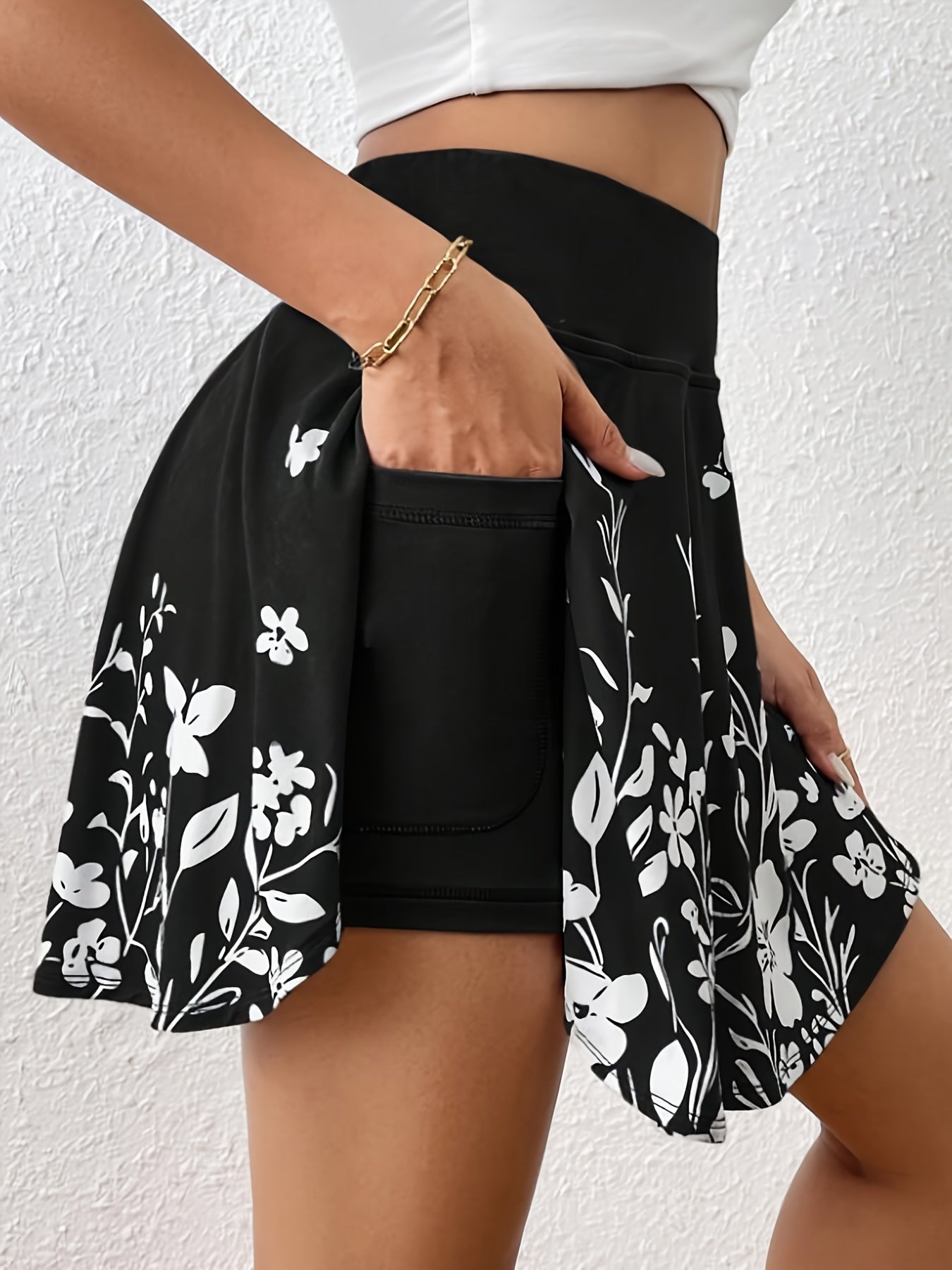 Women'S Summer Casual Solid Color High Waist Short Skirt Simple Floral Print Shorts Culottes With Pockets