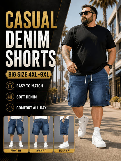 Mens Plus Size Denim Cargo Shorts, Big And Tall Elastic Waist Drawstring Jean Shorts For Men, Loose Fit Blue