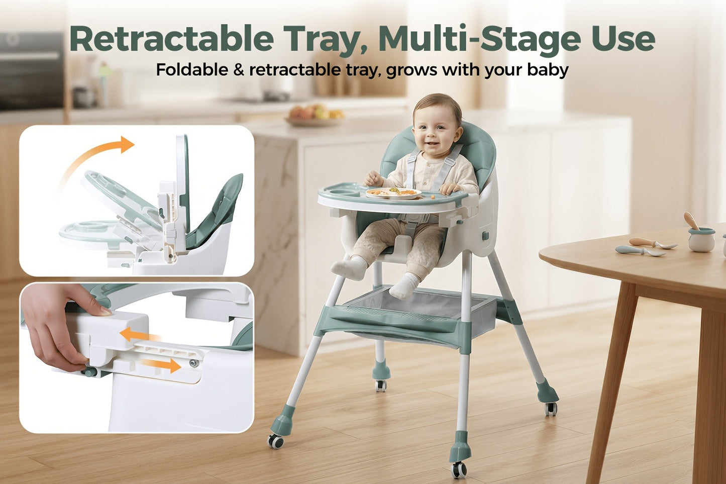 Baby High Chair - Foldable Adjustable 6-in-1 Height