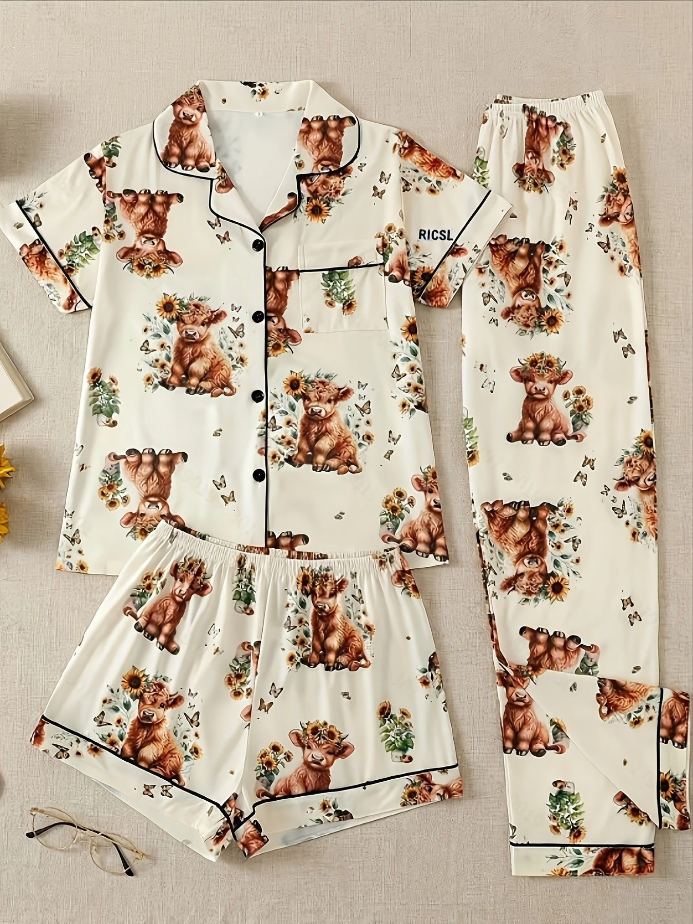 [3pcs Women's Pajama Set] 3pcs Casual Women's Pajama Set | Features A Lapel Collar, Short-sleeved Top with Button Closure, Paired with Shorts And Long Pants, Adorned with Floral And Cow Patterns. Comfortable Loungewear Suitable for All Seasons