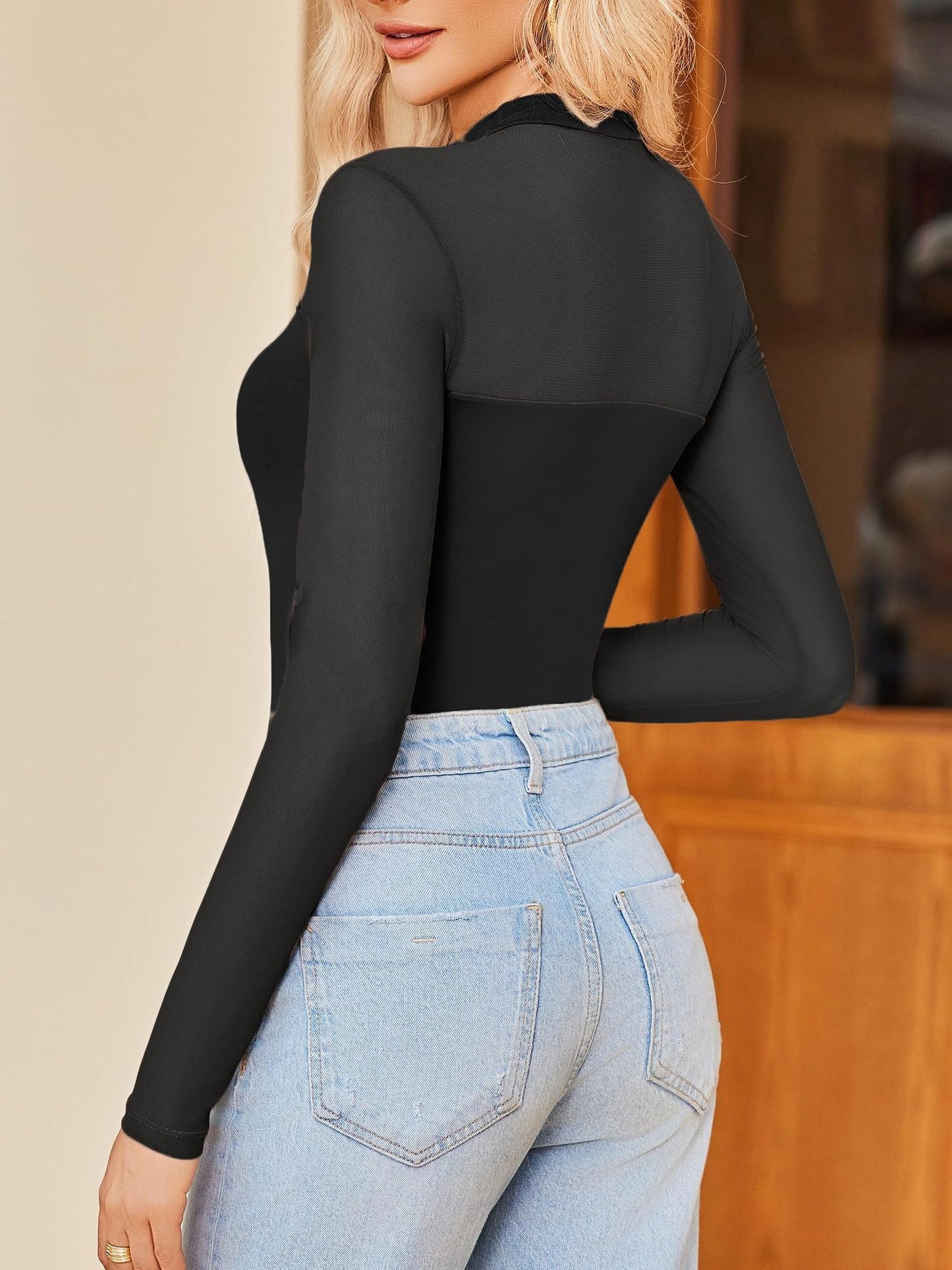 Sexy Mock Turtle Neck Sheer Mesh Long Sleeve Bodysuit Shirts Ruched Body Suit Leotard Tops