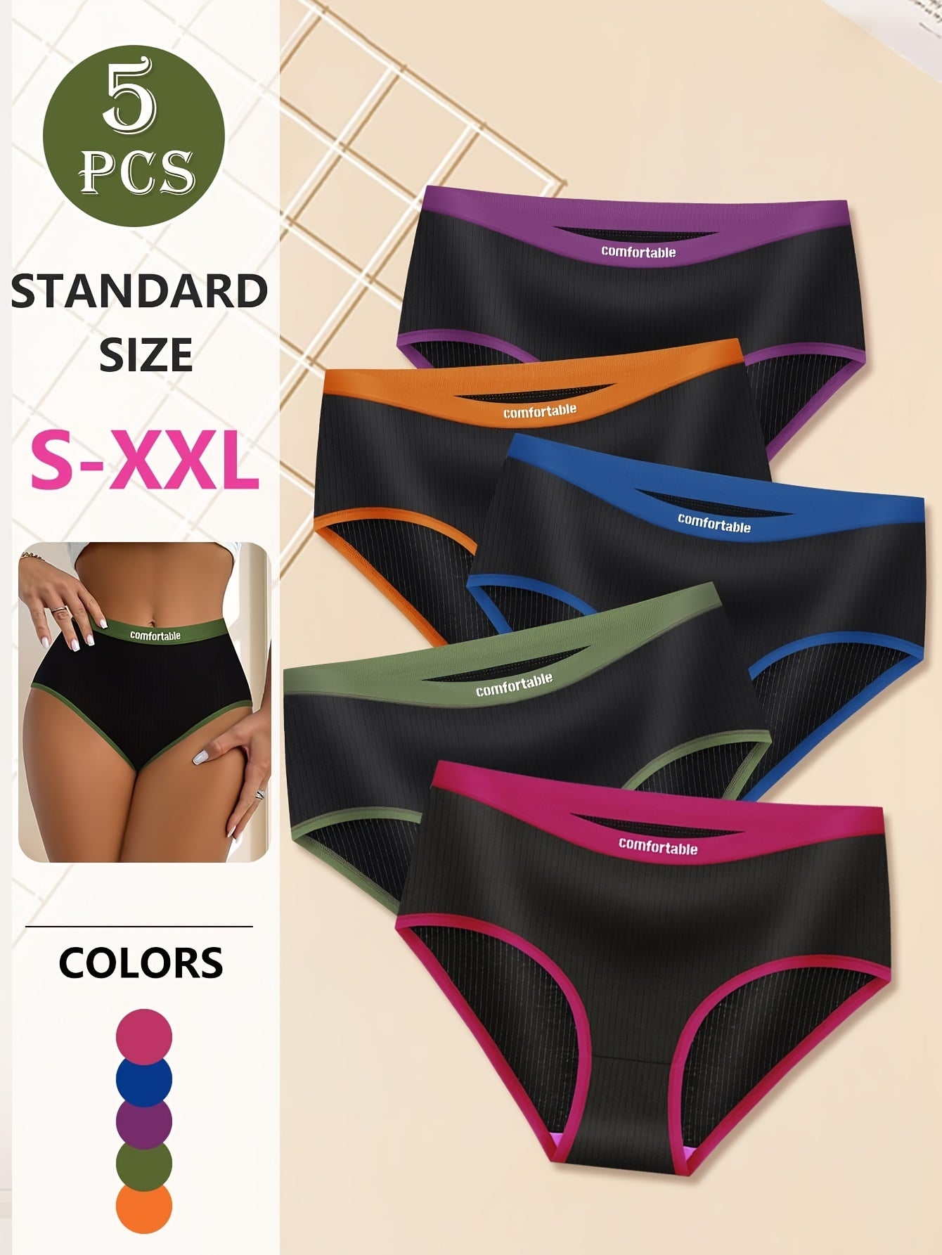 5pcs Women's Full-Coverage Mid-High Waist Underwear - High-Waisted Triangle Panties Suitable for Daily Wear, Breathable Stretch Elegant Contrast Color Underwear, Non-Sheer Full Coverage Lingerie (Hand Washable)