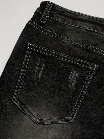 Plus Size Women's High Waist High Elastic Blue Distressed Denim Skinny Pants - Front Row Buttons, Rolled Hem, Retro Casual Oversized Comfort Trousers