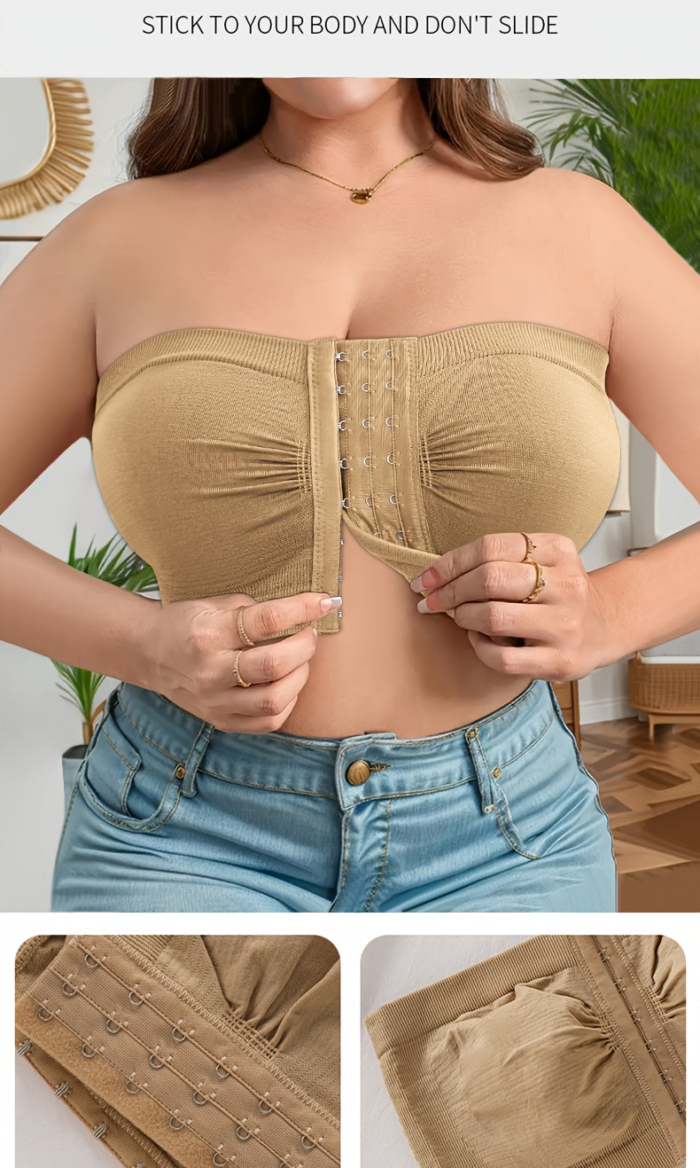 5pcs Plus Size Front Closure Bra Set, Elegant Nylon Fabric Plus Size Women's Bandeau, Wireless Design Front Closure Plus Size Women's Strapless, Medium Stretch, Solid Color, No Padding
