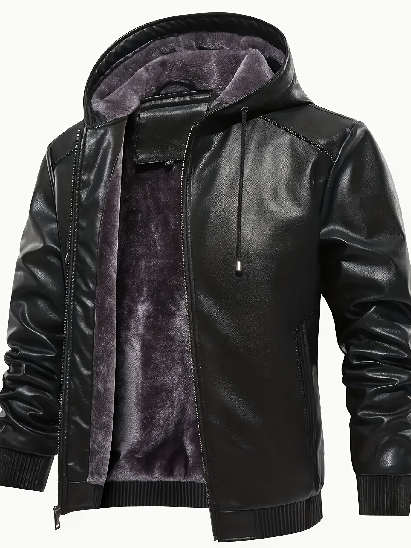 Men's Solid Color PU Faux-Leather Hooded Jackets, Trendy Thick Jacket for Spring Autumn