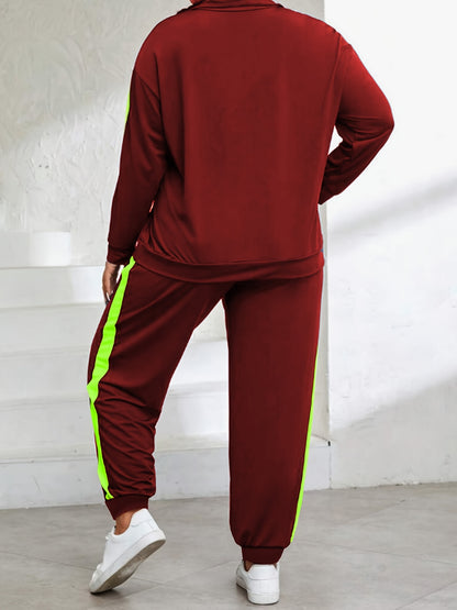 Plus Size, Plus Size Women's Spring And Autumn Contrast Color Casual Suit, Half Zip Pullover Long Sleeve Top And Trousers Two-Piece Set