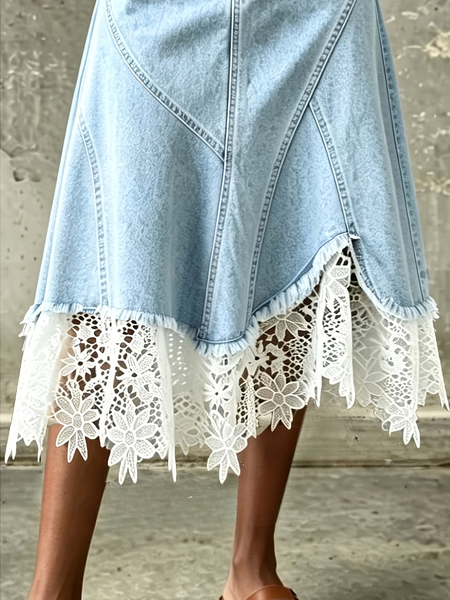 2026 New Summer Lace Splicing Cowboy Skirt, Women'S Big Umbrella Skirt, Elastic Medium Length Skirt, Slim Fit, Light and Mature Style