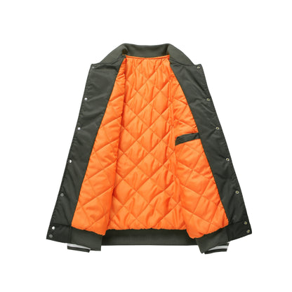 Men'S Plus Size Olive Green Varsity Jacket with Orange Accents - Thick, Warm, and Stylish for Fall/Winter, Baseball Collar, Button-Up Front, Side Pockets, Casual & Outdoor Wear, PLUS SIZE