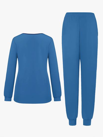 2pcs Women's V-Neck Matte Suit with Long Sleeve Stretch S Uniform Work Clothes Washable Pockets Breathable Elastic Top And Waist Cord Pocket Pants Set