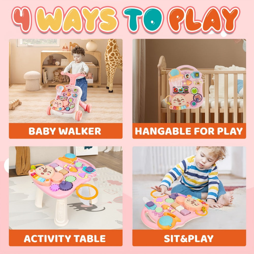 5-in-1 Sit-to-Stand Baby Walker - Walker, balance bike, activity table and music panel modes