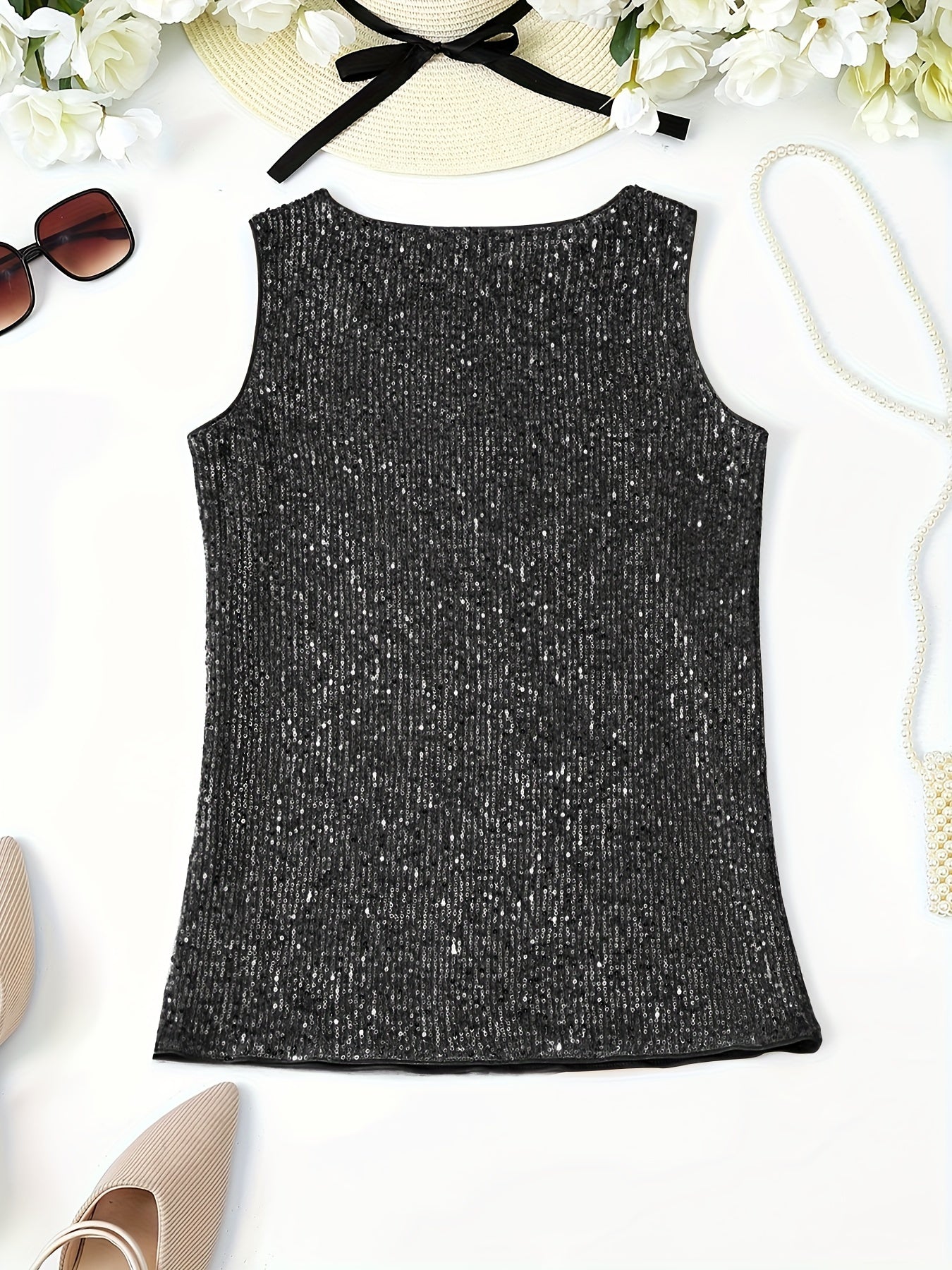 Sparkling Sequin V-Neck Sleeveless Top, Elegant Casual Tank for Spring and Summer Wear