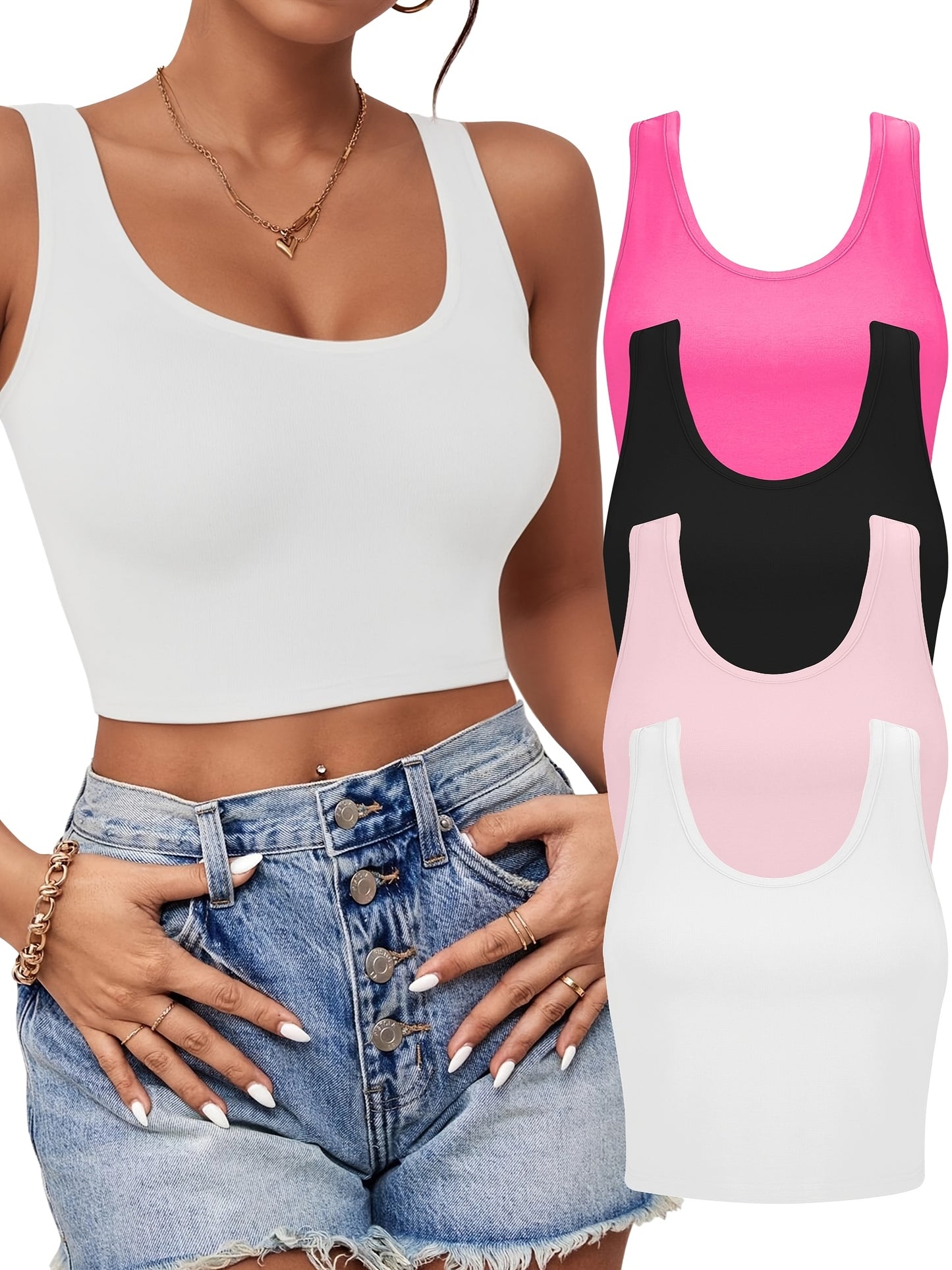 Set of 3-4 Women'S Tank Tops, Featuring a U-Neck Design, Sleeveless Style, And Cropped Racerback, Perfect for And Casual Outings