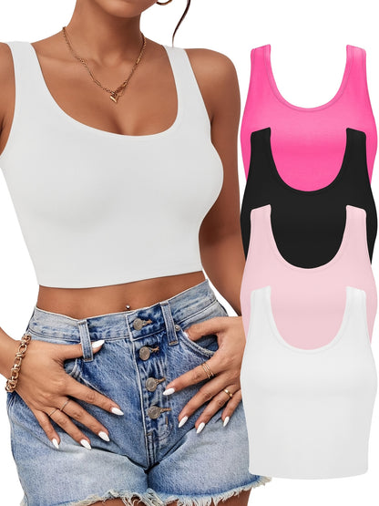 Set of 3-4 Women'S Tank Tops, Featuring a U-Neck Design, Sleeveless Style, And Cropped Racerback, Perfect for And Casual Outings