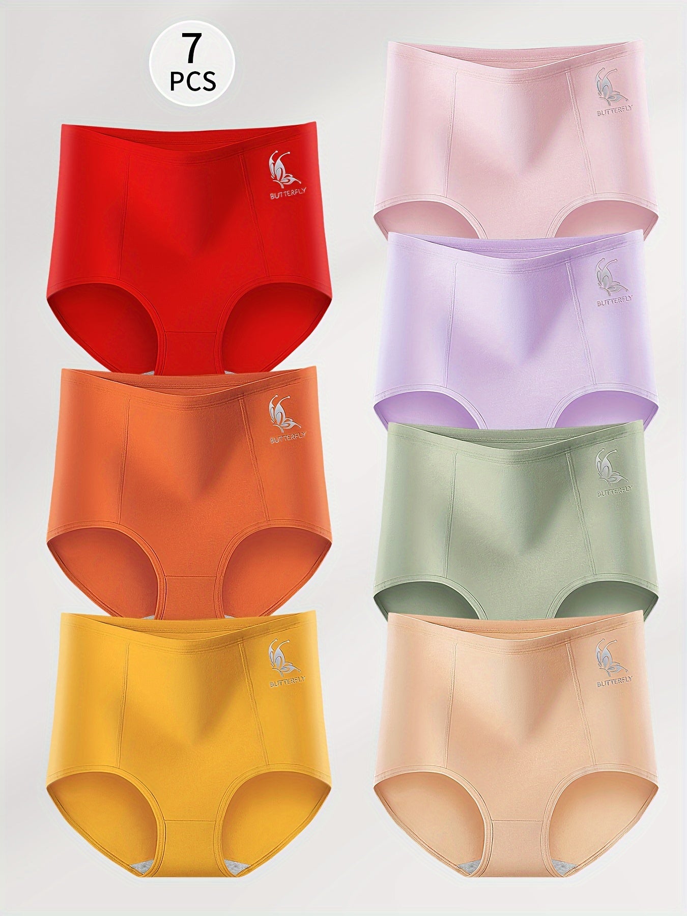 Women's 7pcs Set of Elegant Butterfly Pattern High-Waist Underwear - Comfortable Stretch Blend, Breathable Mid-Waist Lingerie