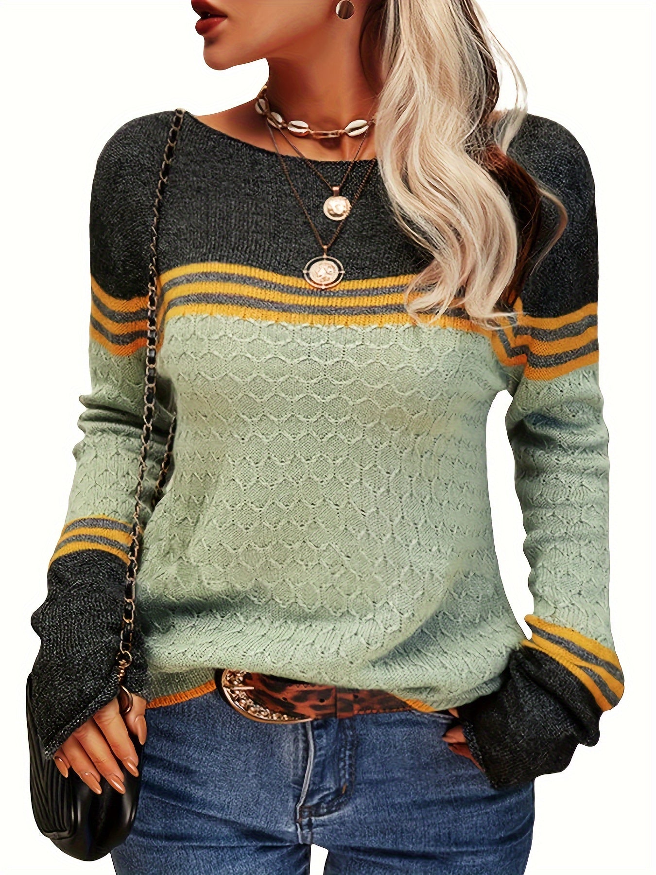 Women Autumn Winter Colorblock Pullover Sweaters Round Neck Striped Slim Fitting Knitwear Tops