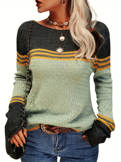 Women Autumn Winter Colorblock Pullover Sweaters Round Neck Striped Slim Fitting Knitwear Tops