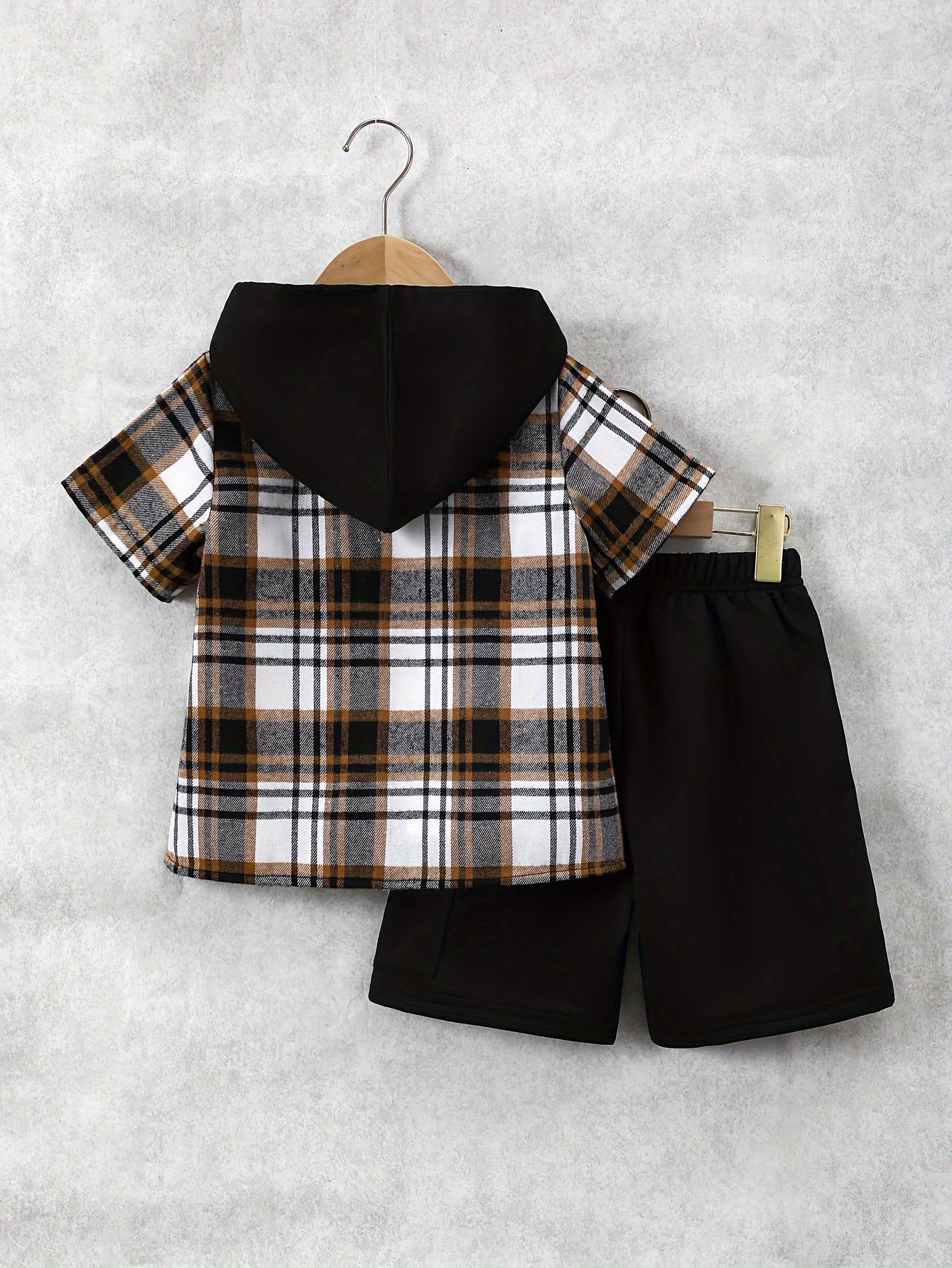 2pcs, Children's Short-sleeved Plaid Shirt Shorts Hooded Top Cardigan Fashion Casual Children's Shorts Set, Perfect for Outdoor