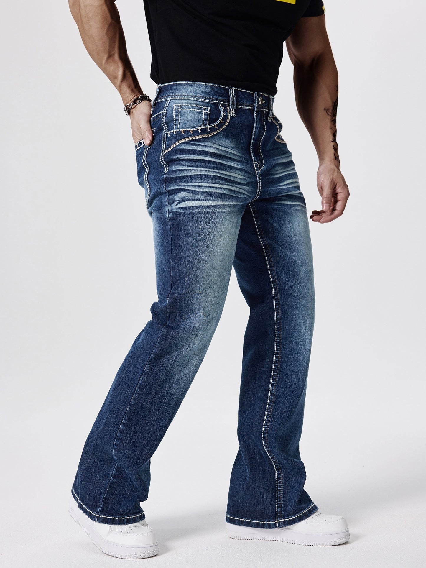 ESDVQ Men's Slim-Fit Classic Washed Denim Bell-Bottom Jeans - Mid-Stretch Machine-Washable Flared Pants with Suitable for All-Season Wear, Comfortable Stretchable Bell-Bottoms for Casual & Dressy Outfits