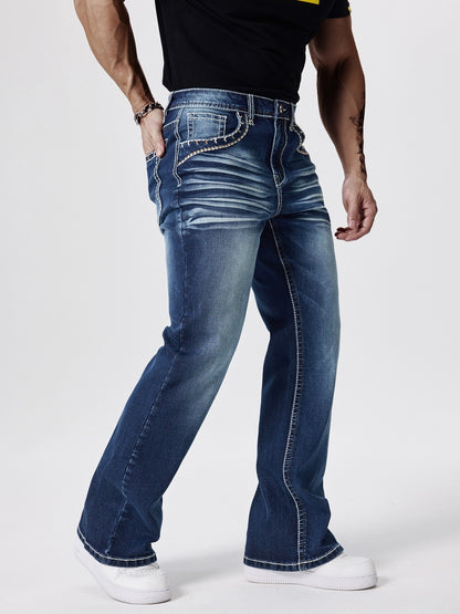 ESDVQ Men's Slim-Fit Classic Washed Denim Bell-Bottom Jeans - Mid-Stretch Machine-Washable Flared Pants with Suitable for All-Season Wear, Comfortable Stretchable Bell-Bottoms for Casual & Dressy Outfits