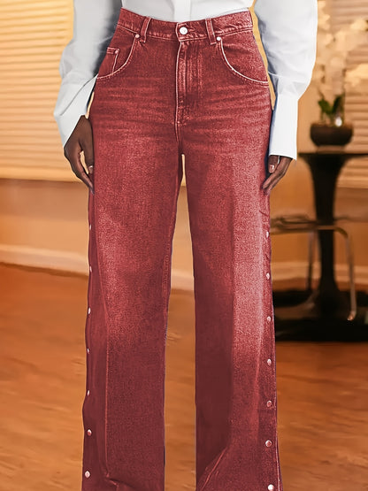 Wide Leg Denim Jeans with Side Snap Buttons, High Rise, Classic Blue Wash